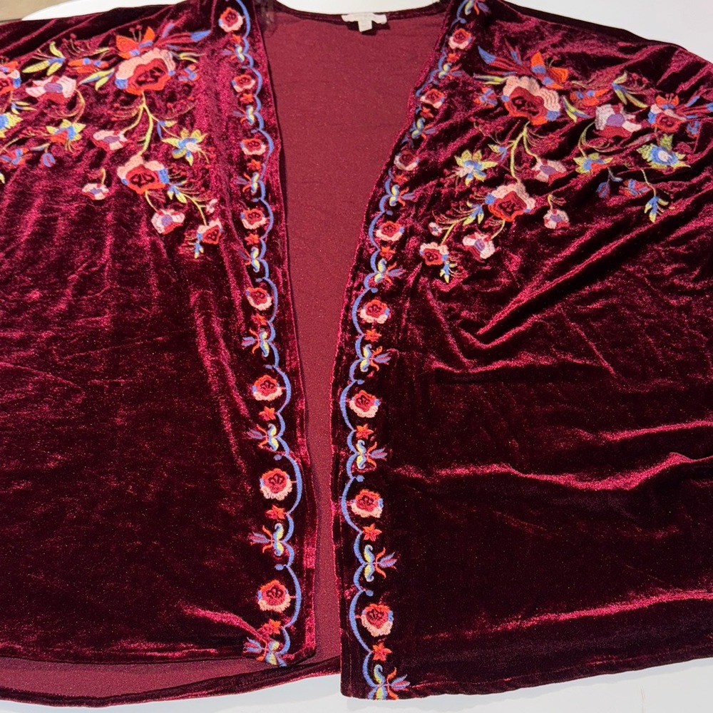 Umgee Shimmering‎ Burgundy Kimono Top w/ Floral Embroidery